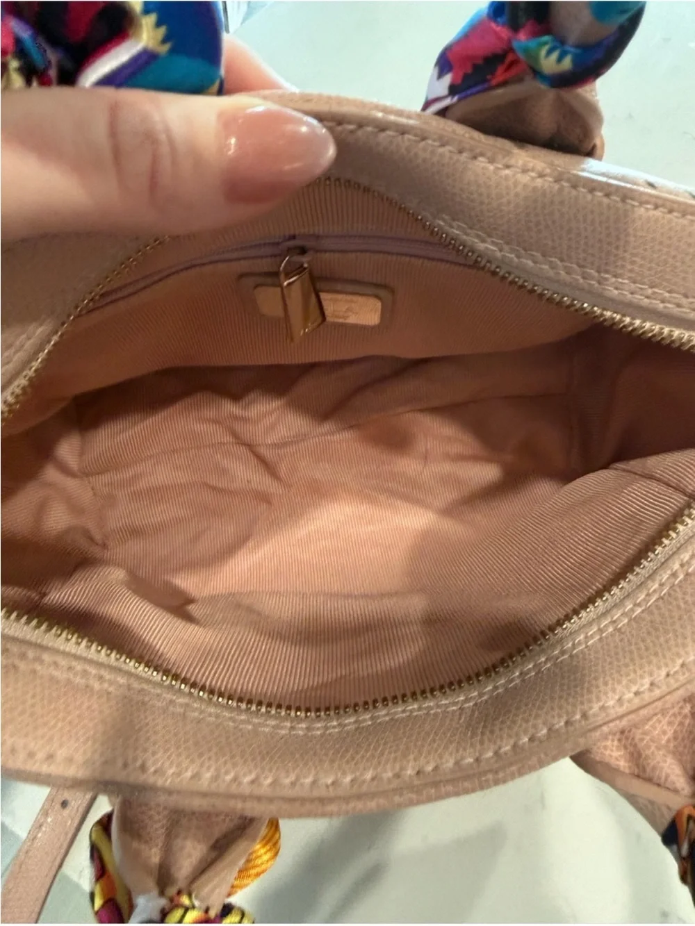 Furla Blush Pink Dome Satchel with Printed Scarf-Wrapped Handles